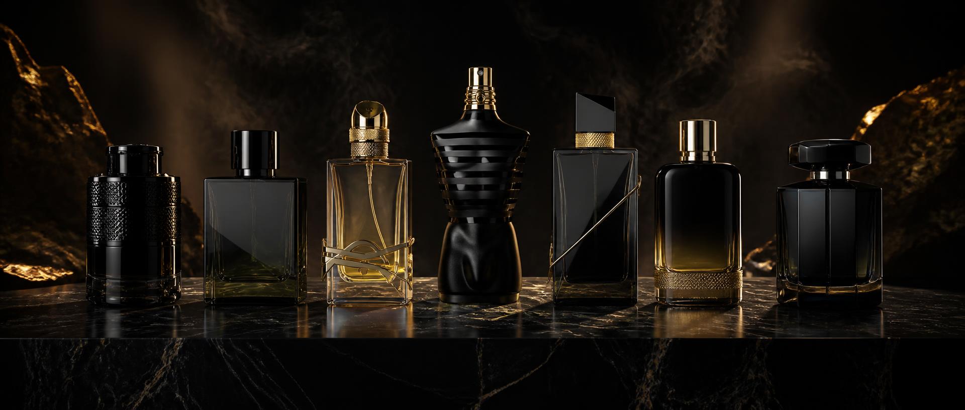 Perfumes masculinos importados em vitrine de luxo